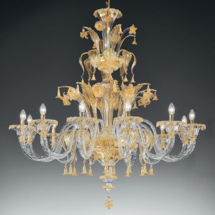 Clear Murano glass chandelier with gold decorations