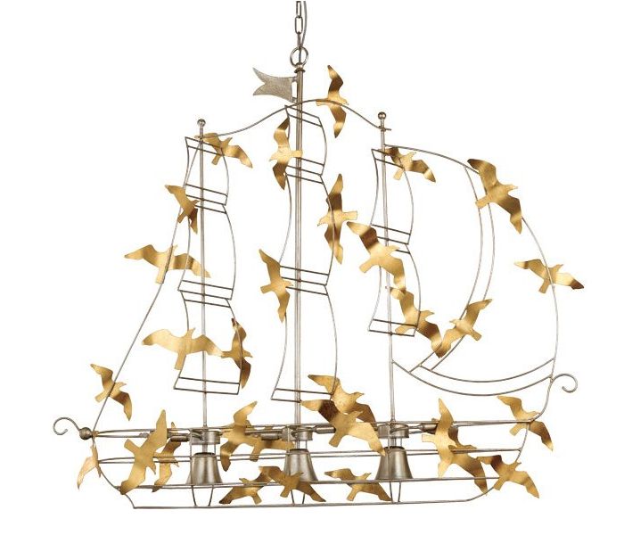 Beautiful Ship Chandelier in Silver Metal with Gold Birds