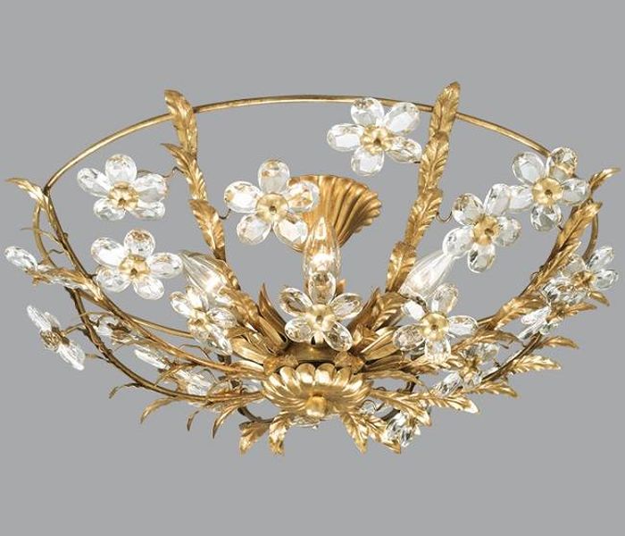 Gold Metal Ceiling Light with Glass Flowers