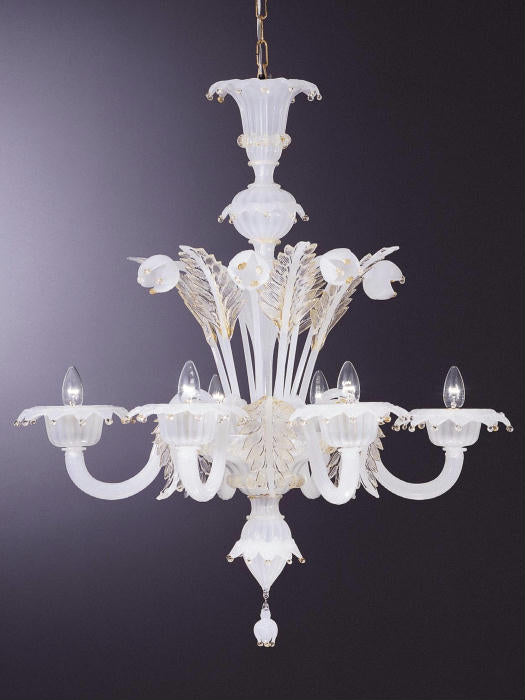 White Murano 6 light chandelier with gold trim
