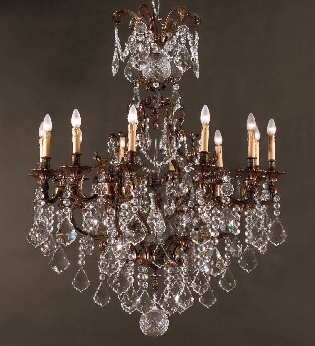 12 Light Brass Chandelier with Crystals