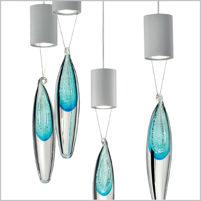 Modern clear glass light fitting with 6 pendants in pink & blue