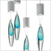Modern clear glass light fitting with 6 pendants in pink & blue