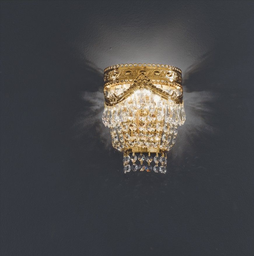 Traditional gold or chrome Italian wall light with24% lead crystal droplets by Asfour