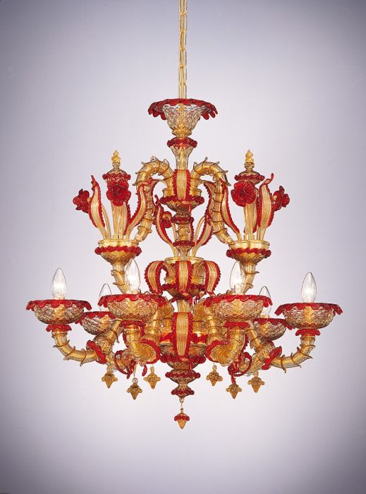 Rezzonico-style red & gold glass Murano chandelier