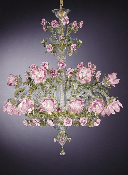 Murano glass chandelier with pink roses