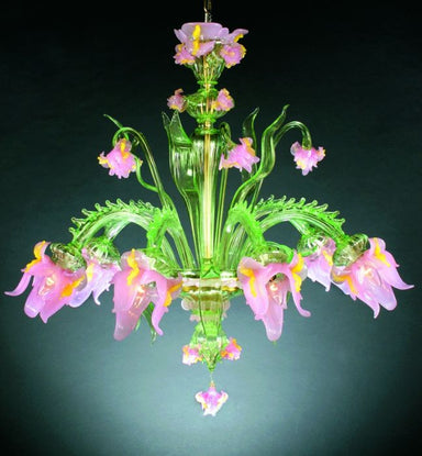 Pink and green Murano glass flower chandelier