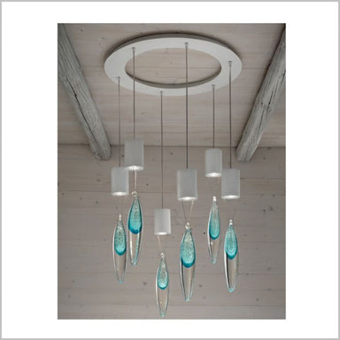 Modern Clear Glass Light Fitting With 6 Pendants In Pink & Blue