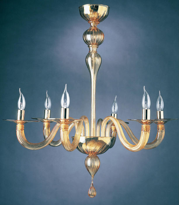 6 Light Murano glass chandelier with golden decorations