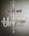 Clear Murano glass 5 arm chandelier with pink flowers & accents
