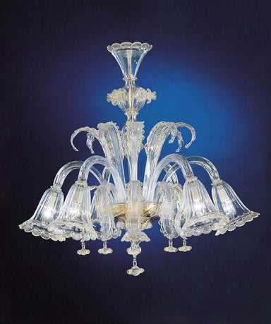 Venetian clear glass chandelier with flowers & 6 'bell' shades