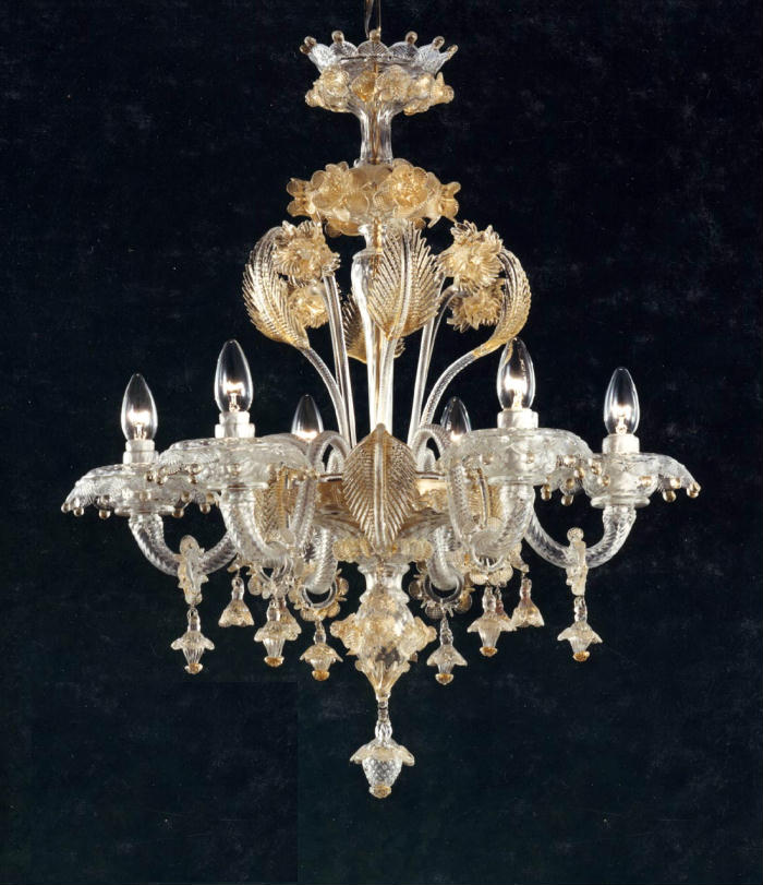 Clear Murano glass 6 light chandelier with golden flowers