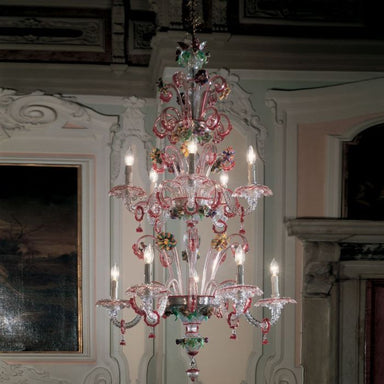 Large Murano Glass Chandelier With Colourful Flowers