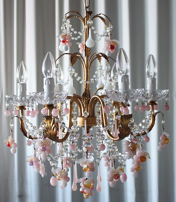 Pink & white Murano glass 6 light grape chandelier - sale price
