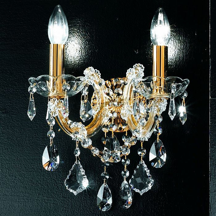 Ornate gold wall chandelier with Asfour crystals & 2 lights