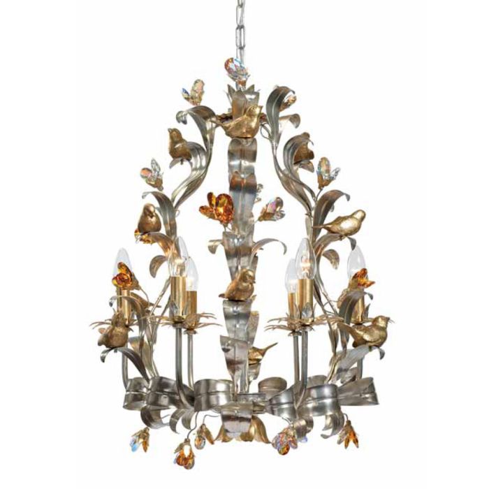 Chandelier in Silver Metal with Gold Birds & Glass Crystals