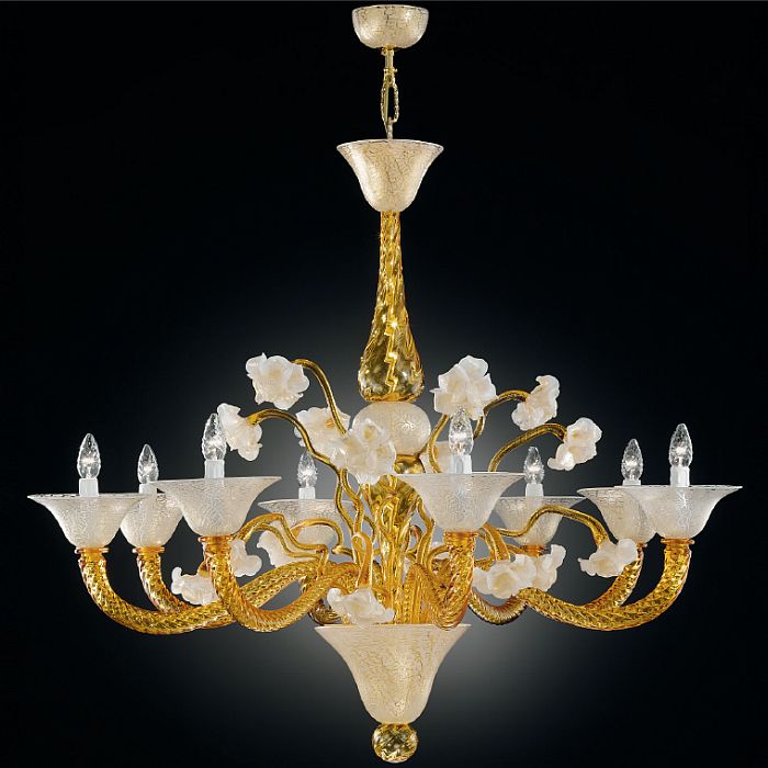 Murano amber & cracked ice glass 8 light chandelier