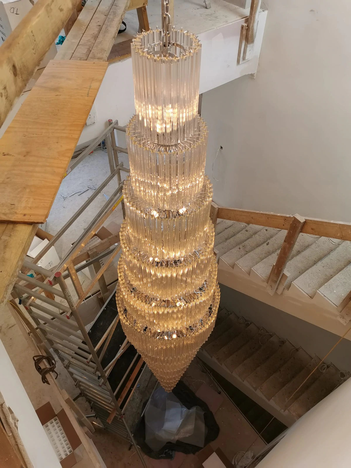 Custom Designed Stairwell Murano Glass Prism Chandelier