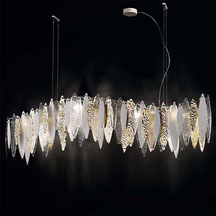 Modern White, Gold & Clear Hanging Light With Murano Glass Leaves