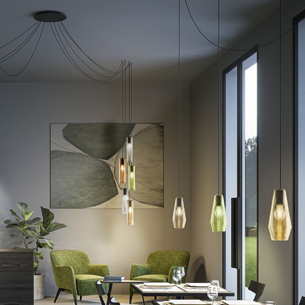 Retro Style Coloured Blown Glass Pendant | vintage style suspendent light | retro living area lighting | Italian design lighting | modular lighting