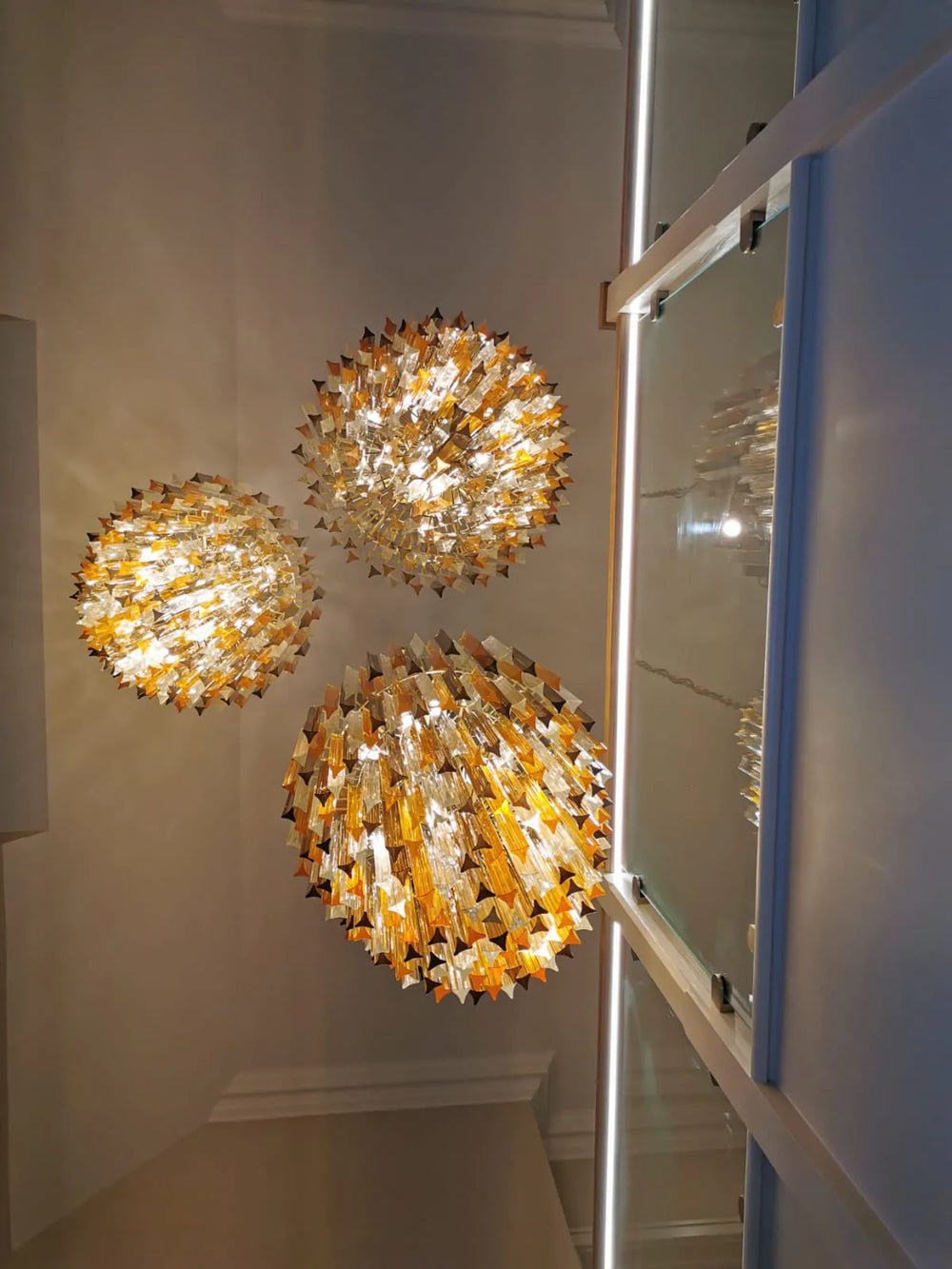 Amber, Fume, & Clear Crystal Murano Glass Prism Cluster Pendant Chandelier