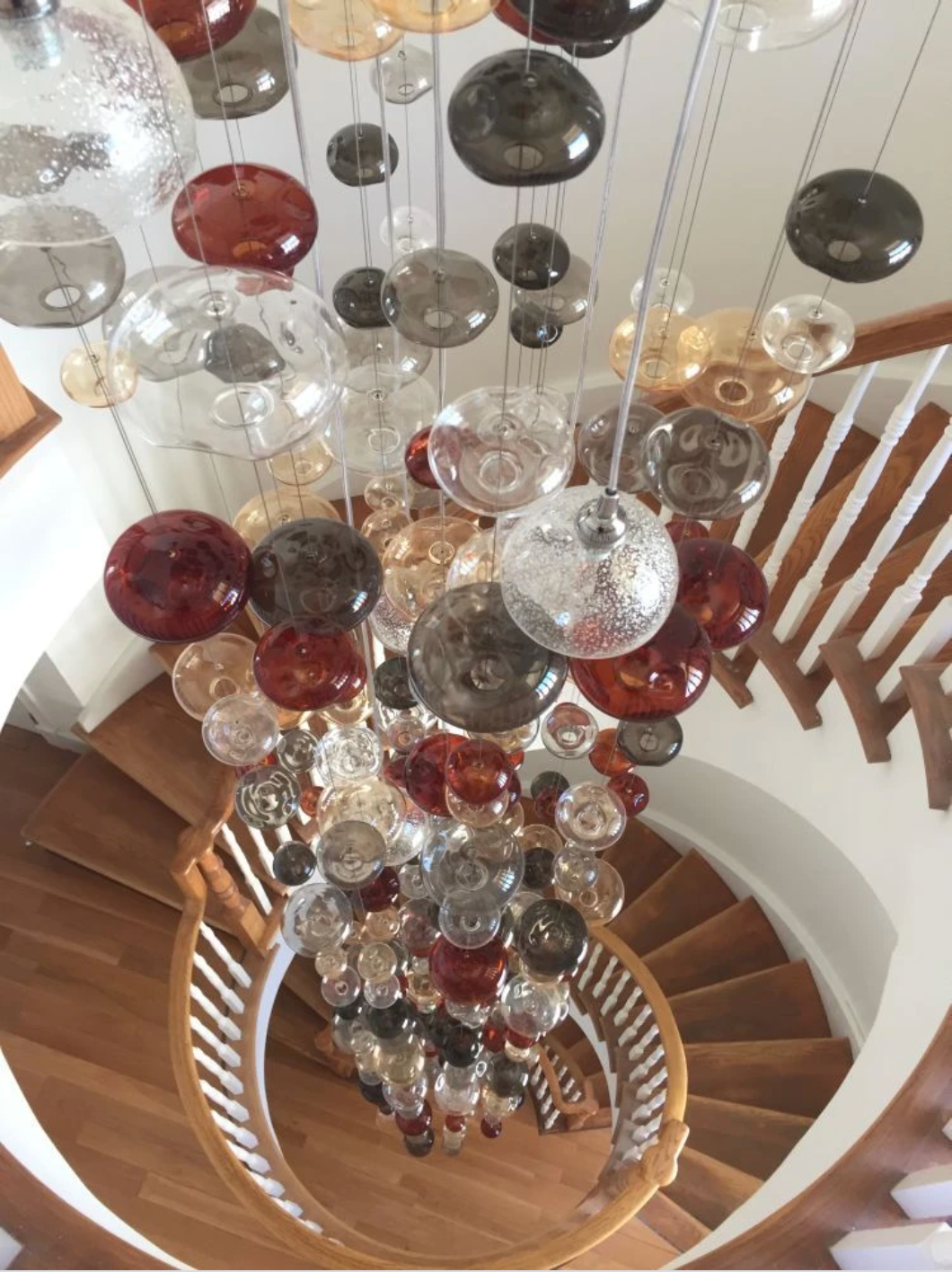 20 Feet Tall Bespoke Stairwell Chandelier With Colored Glass Bubbles