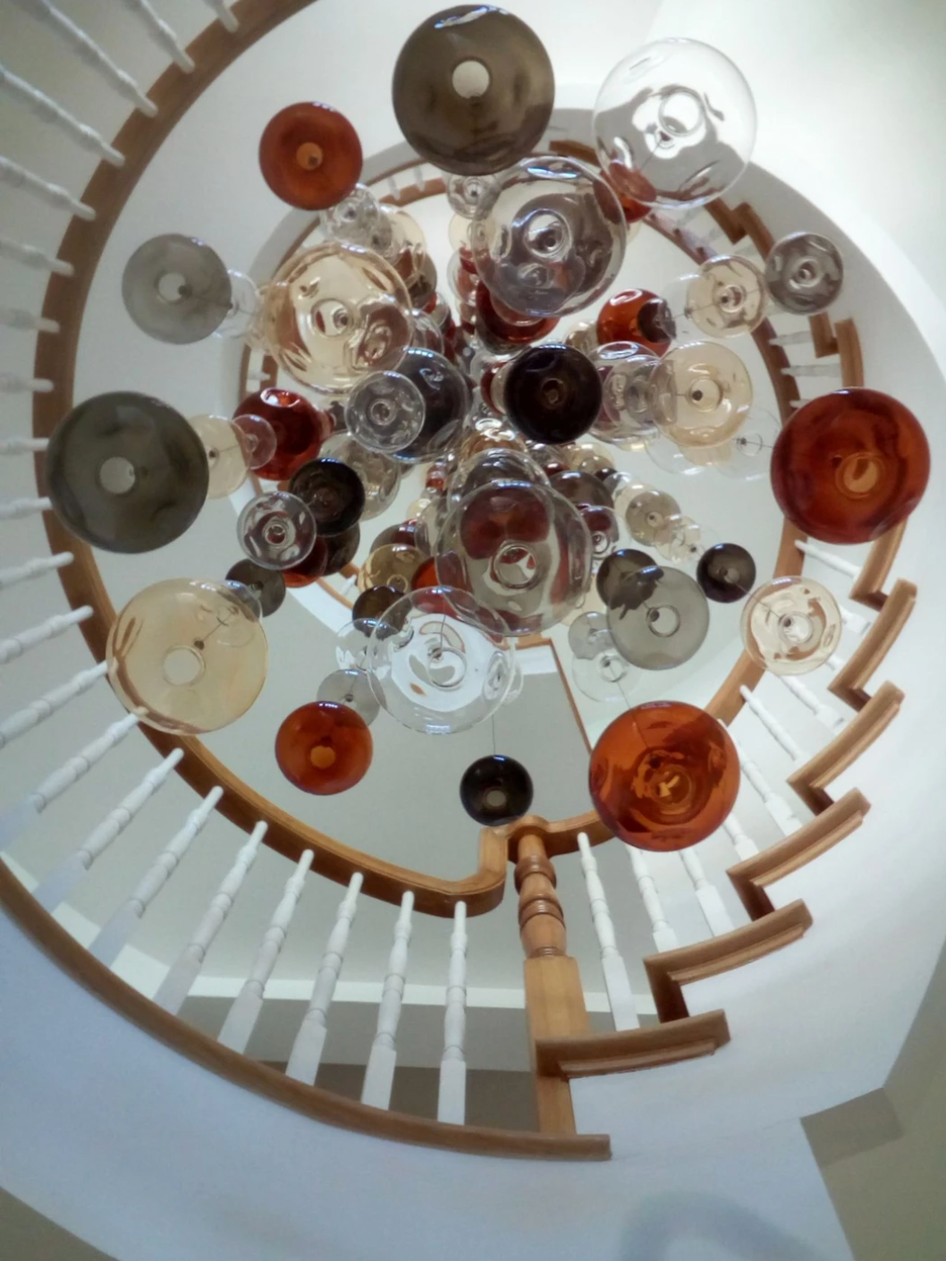 20 Feet Tall Bespoke Stairwell Chandelier With Colored Glass Bubbles