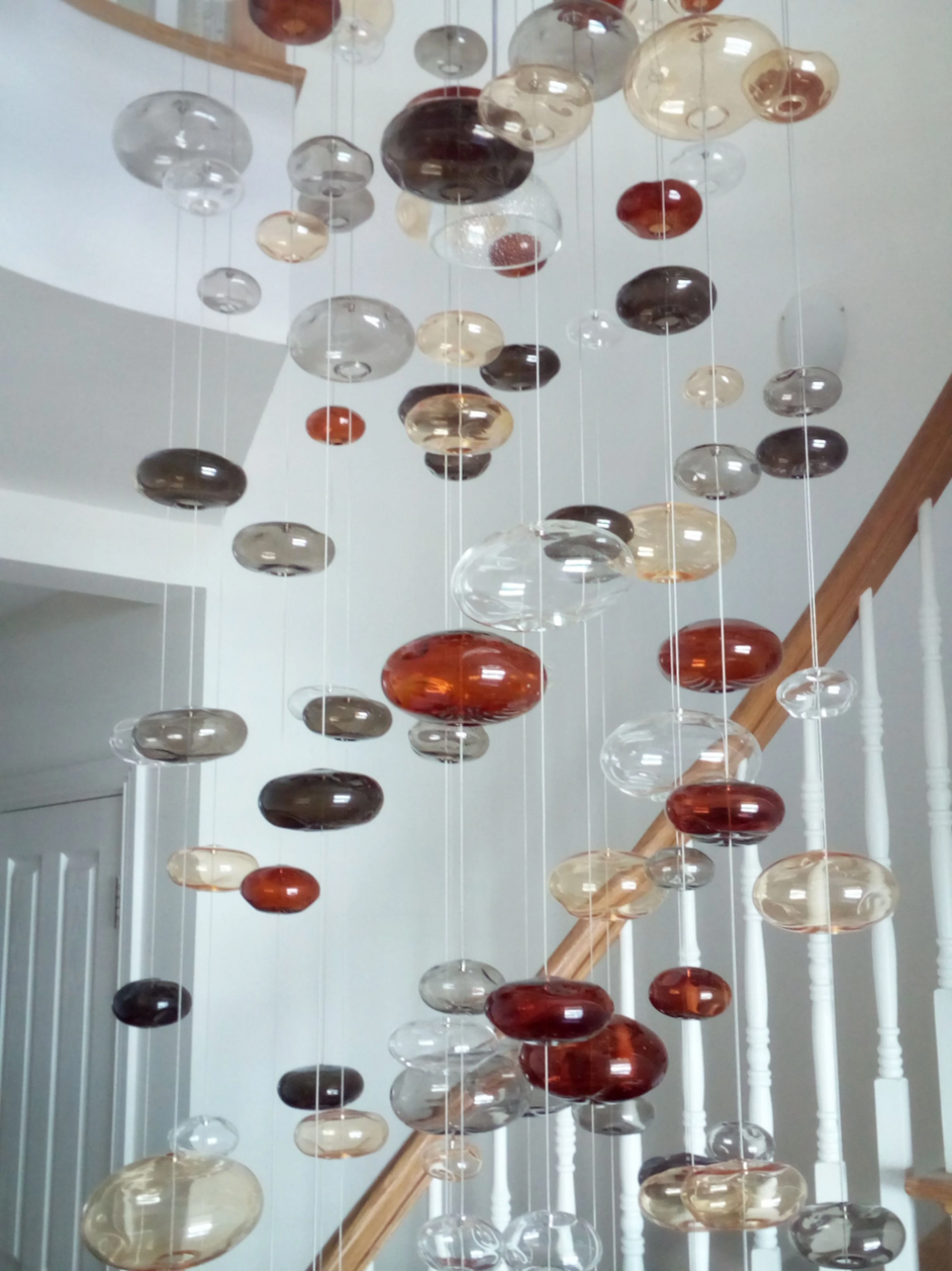 20 Feet Tall Bespoke Stairwell Chandelier With Colored Glass Bubbles