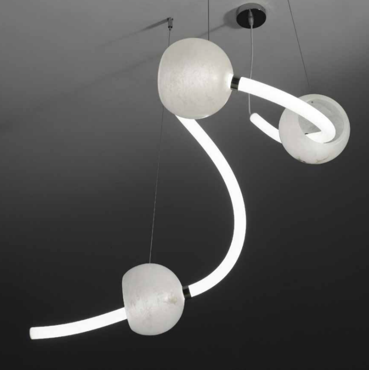 Orbital Led Bent Tube Chandelier With Alabaster Sphere Shades