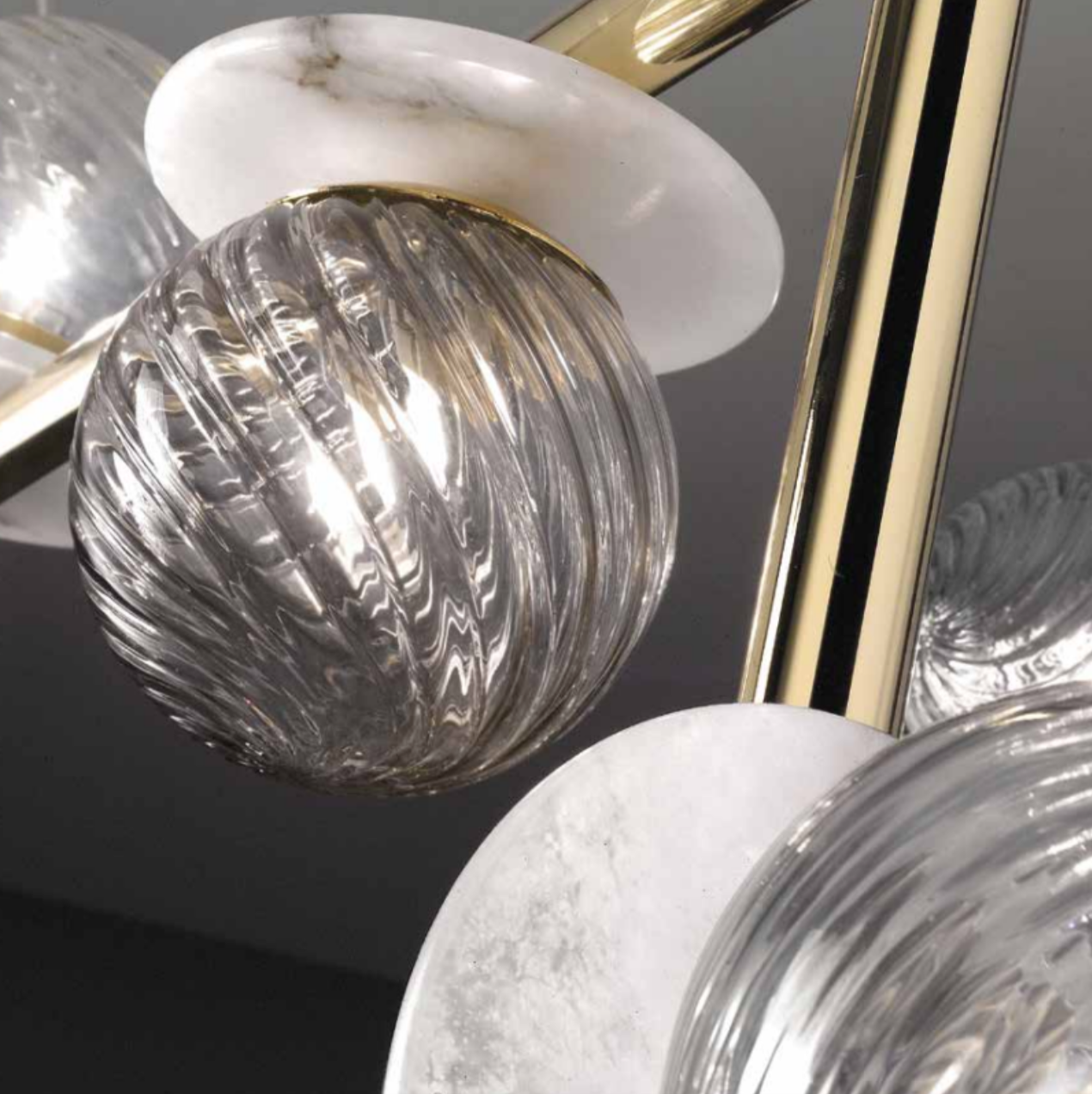 Modern Geometric Alabaster Disc Chandelier With Murano Glass Spheres - Double