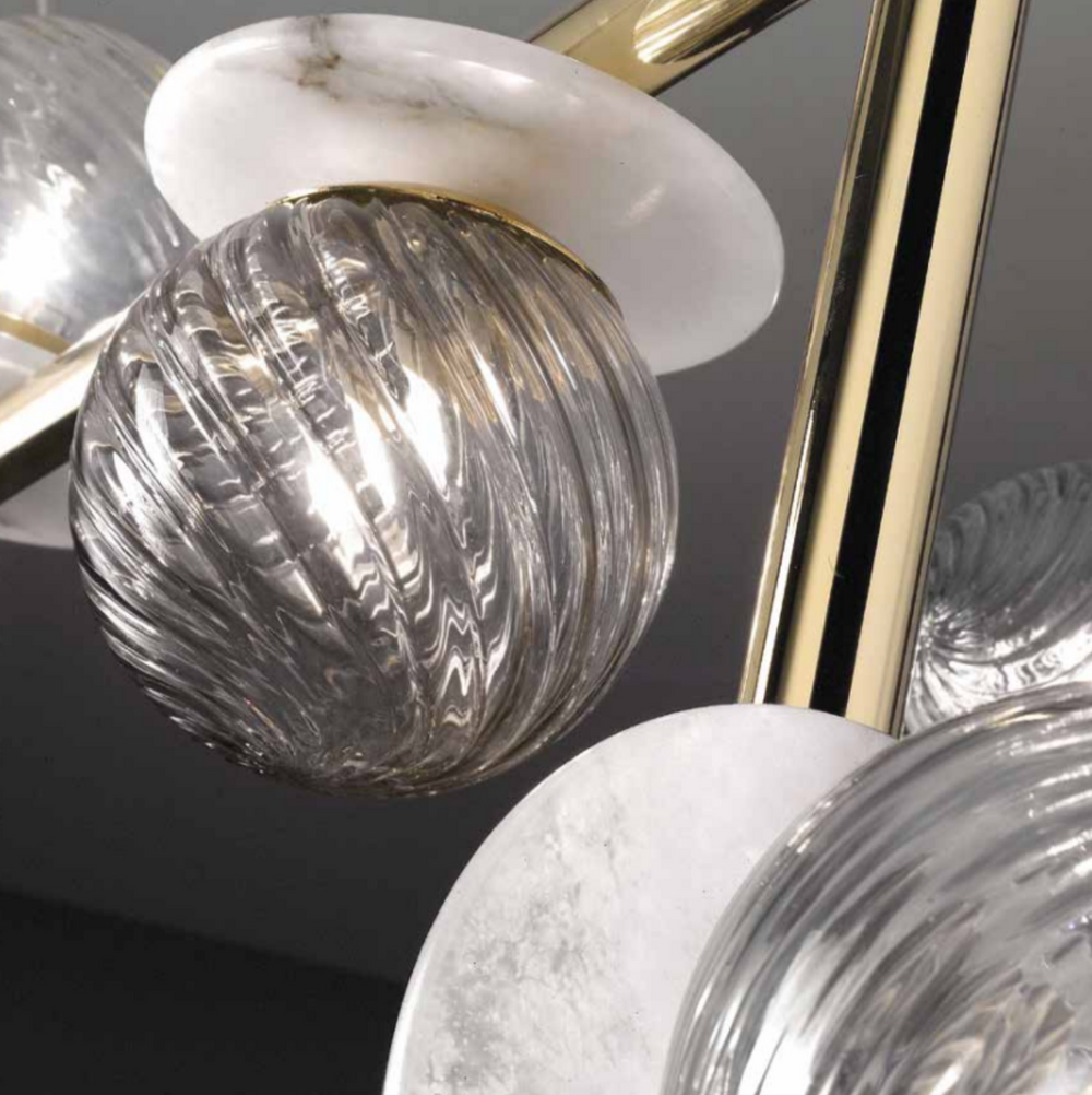 Modern Single Geometric Alabaster Disc Pendant Light With Murano Glass Bubbles