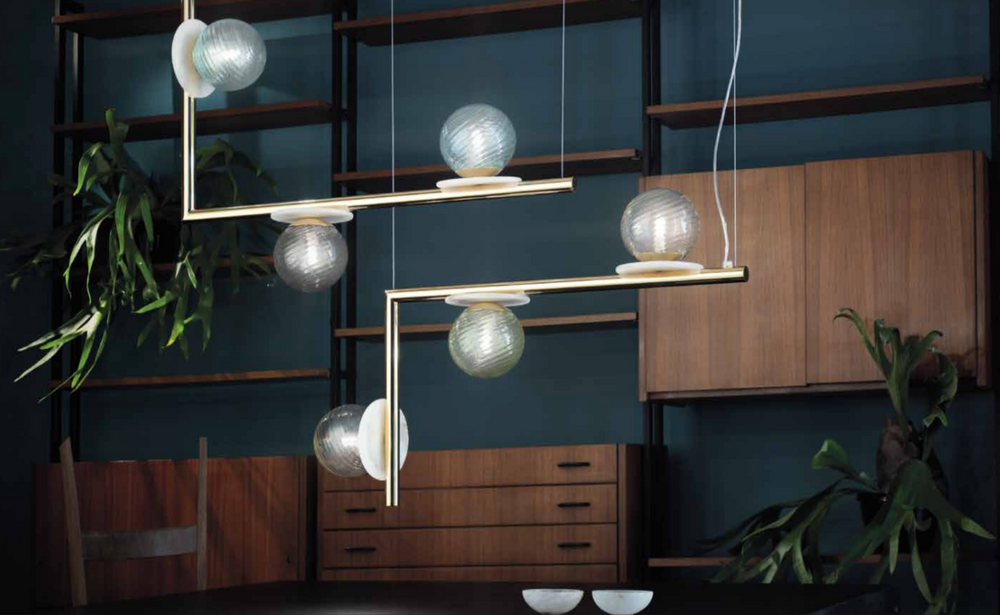 Modern Geometric Alabaster Disc Chandelier With Murano Glass Spheres - Double