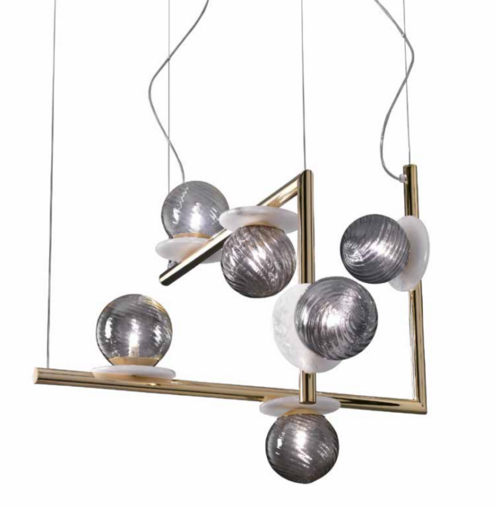 Modern Geometric Alabaster Disc Chandelier With Murano Glass Spheres - Double