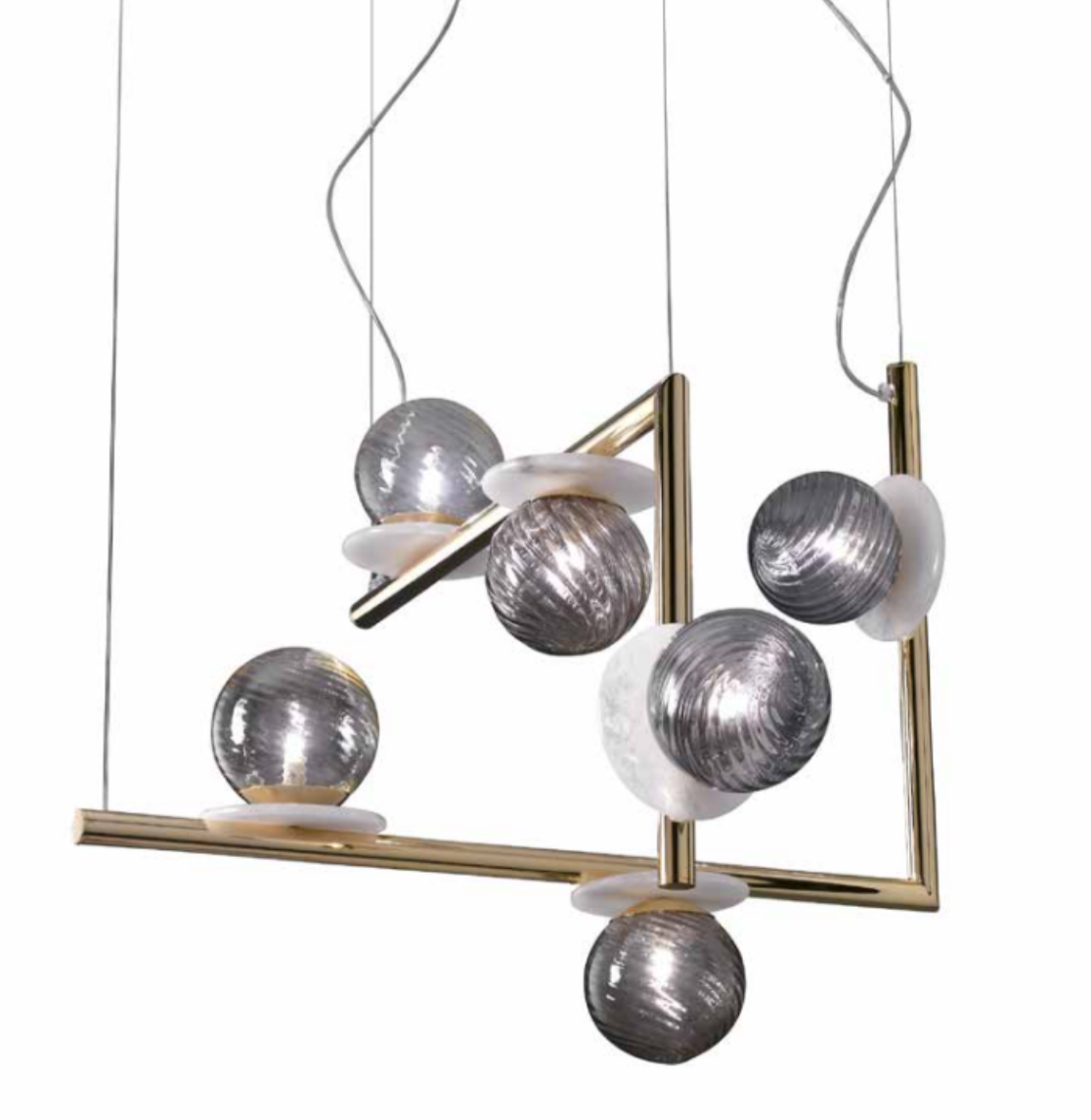 Modern Geometric Alabaster Disc Chandelier With Murano Glass Spheres - Double