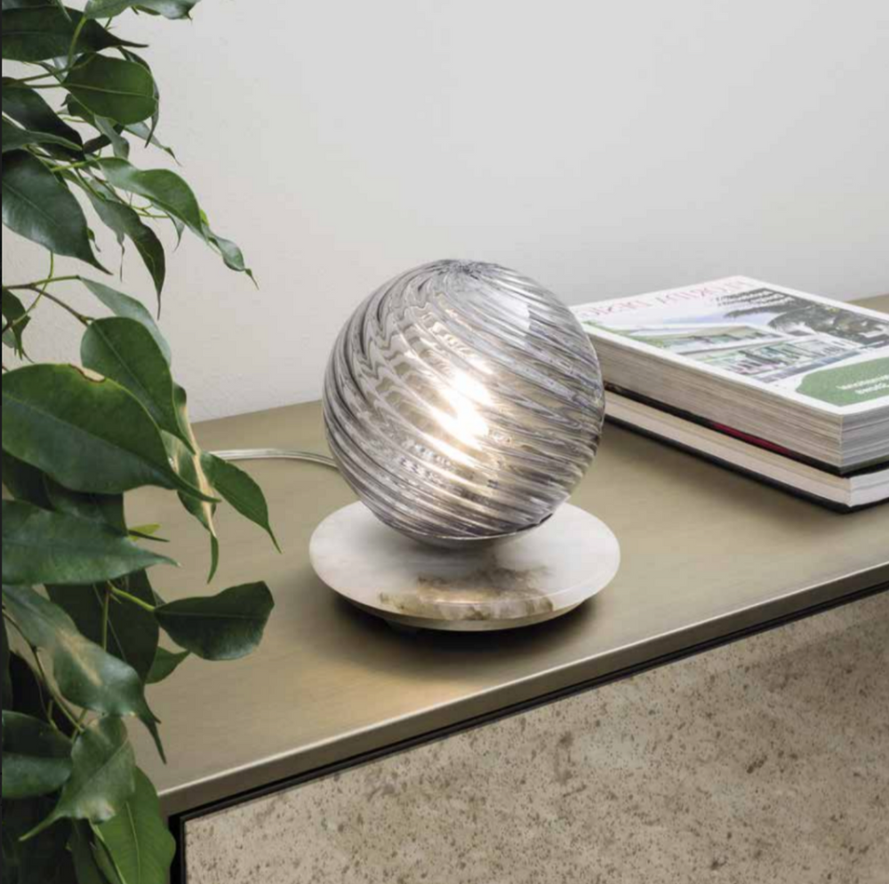 Custom Alabaster Disc Table Lamp & Striking FumÃ© Murano Glass Sphere