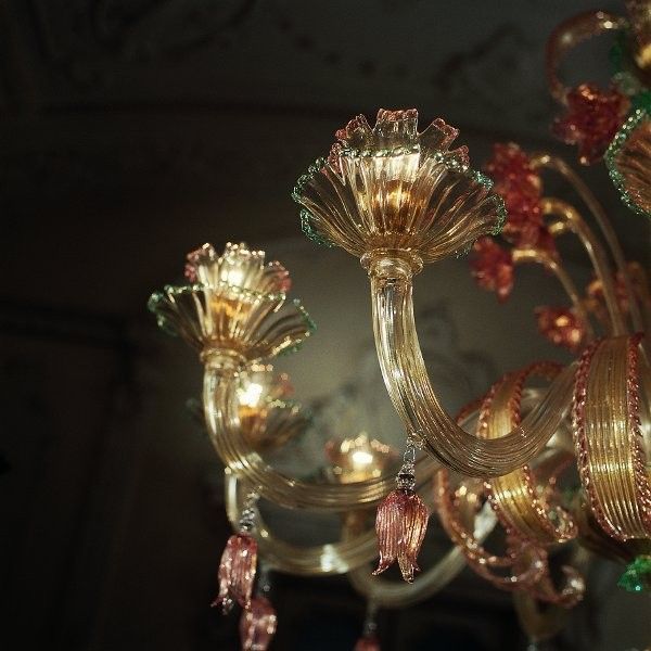 Ruby, gold & blue Murano glass 12 light floral chandelier