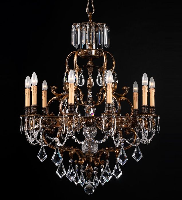 10 Light Luxury Brass Chandelier with Crystal Glass Pendants