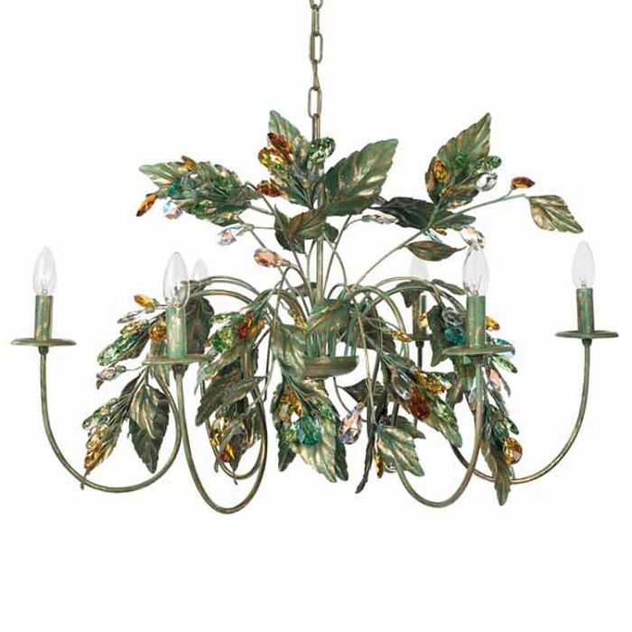 6 Lamp Chandelier with Green Leaves & Swarovski Elements