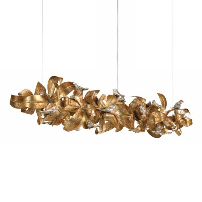 Gold Leaves Metal Chandelier with Silver Birds