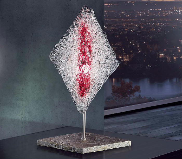 Spun-glass and shiny nickel table lamp with red decoration