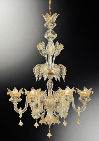 Gold and clear glass 6 light Murano glass flower chandelier
