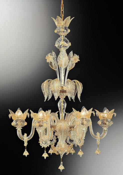 Gold and clear glass 6 light Murano glass flower chandelier