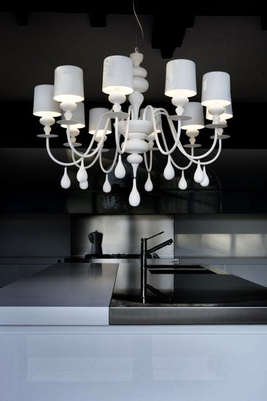 Modern 10 light white coated wood chandelier