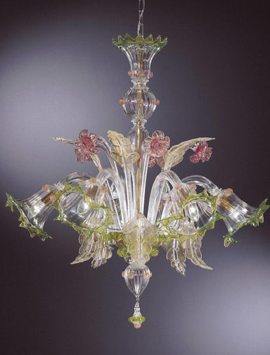 Murano Chandelier with coral and green flowers