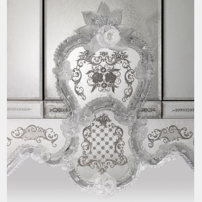 Ornate Venetian mirrored sideboard with Murano glass flowers