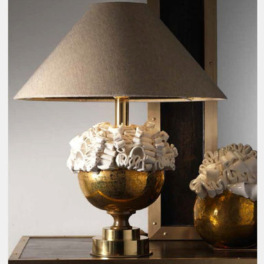 Chic wall light with majolica curls and silk linen shade