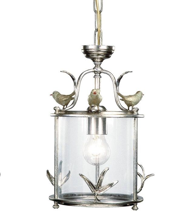 Silver Metal & Glass Hanging Lantern with Sparrow