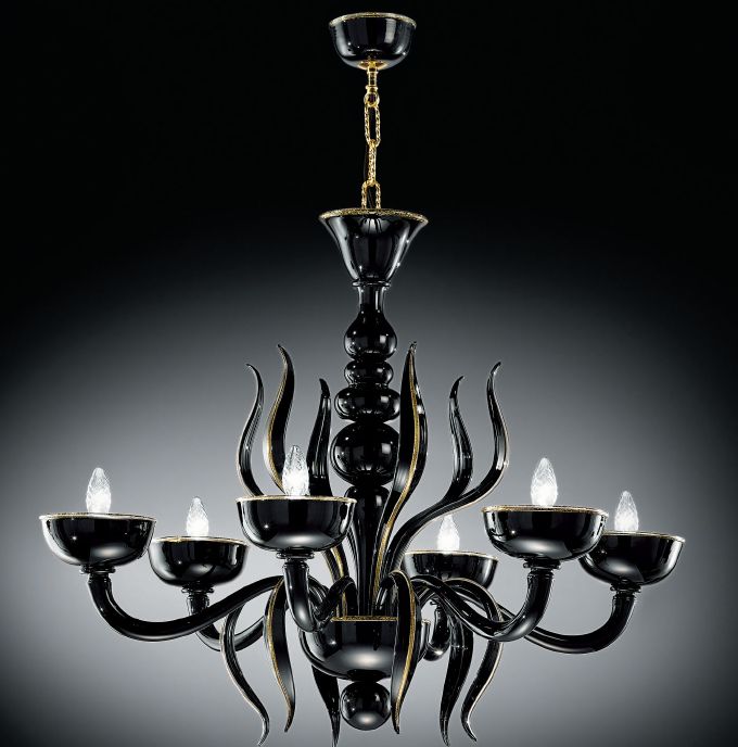 Black and gold Murano glass 6 light chandelier