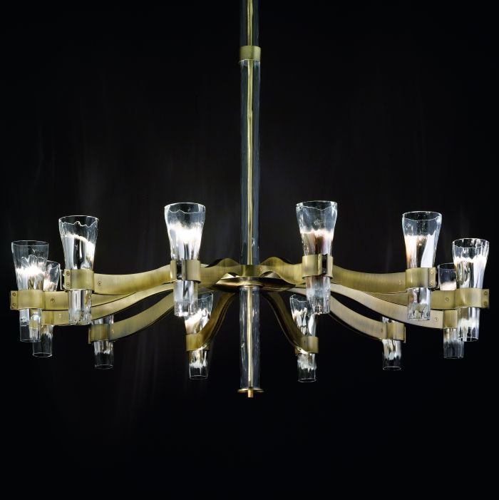 Modern mid-century martellato glass chandelier with 12 lights