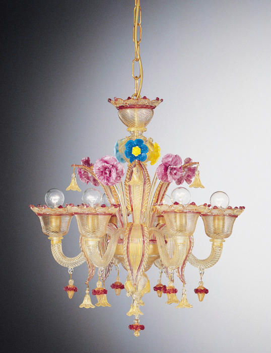 Multicoloured Murano glass chandelier with 6 lights and flowers